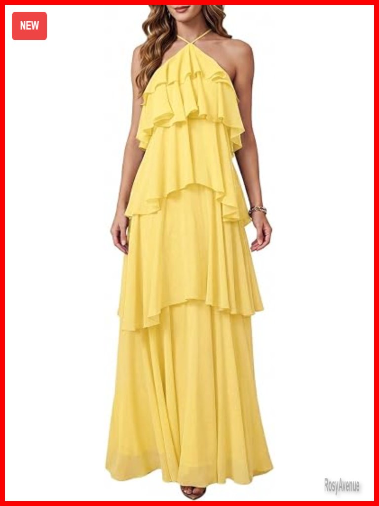 Ruffle Halter Backless Flowy Maxi Dress Wedding Guest Formal